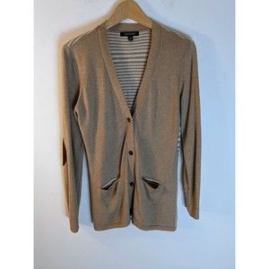 Foxcroft Cardigan Brown, Striped, Elbow Patches, Covered Buttons Size Small